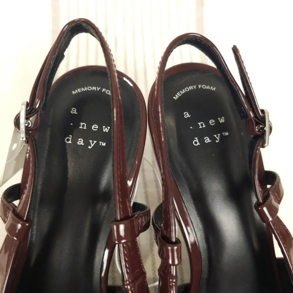 A New Day Kitten Heels Womens 9 Red Patent Slingback Rhinestone Pointed Toe